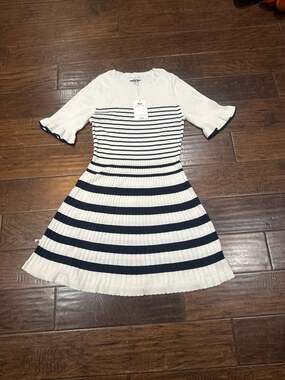 Free Assembly Women's Striped Knit Ruffle Sleeve Fit and Flare Dress, Size L